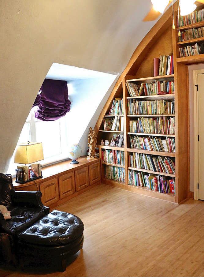Comfortable seating combined with the peaceful curving walls of the Monolithic Dome make this library a perfect place to unwind.