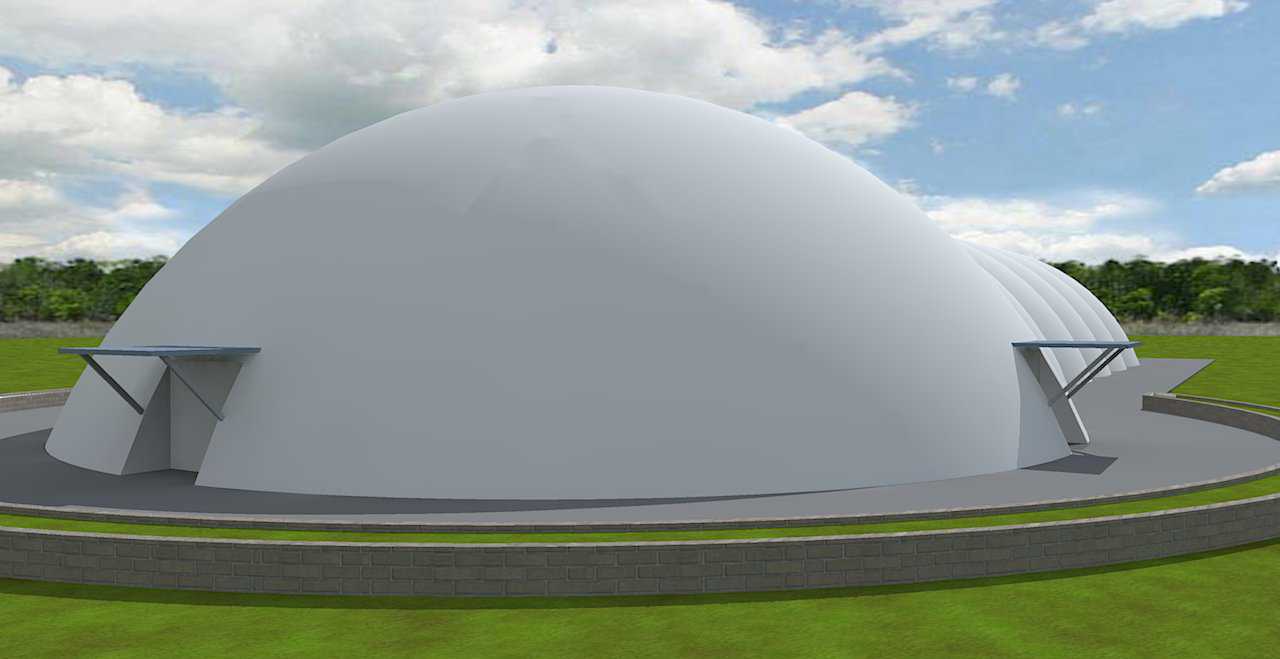 A rendering of the combination dome and caterpillar curling rink design. This is a simple structure meant to be low cost to build and operate.