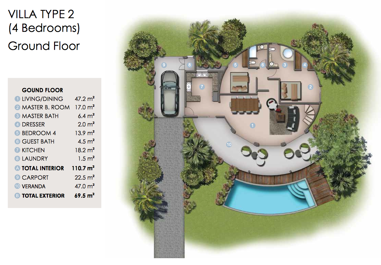 Floor plan for the ground floor of Villa Type 2 in the Domes of Albion.