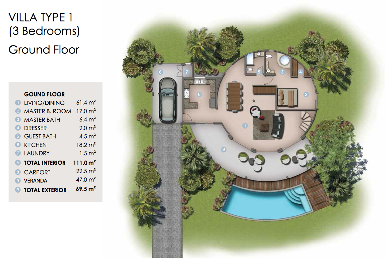 Floor plan for the ground floor of Villa Type 1 in the Domes of Albion.