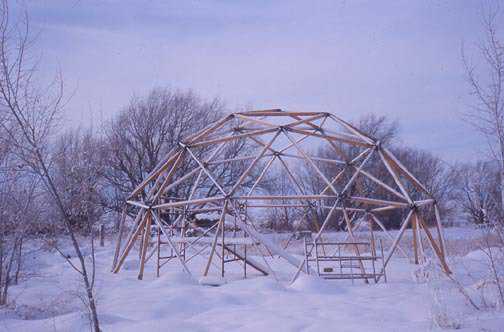 Framework for the geodesic dome storage building David South built in Shelley, Idaho, just prior to construction of Monolithic’s first concrete dome—1974.