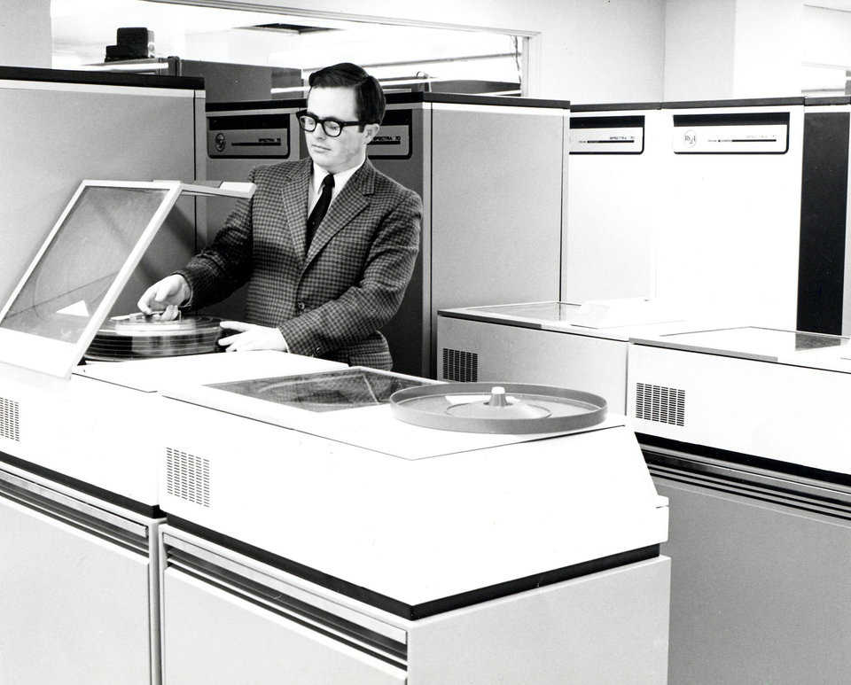David B. South in the computer center at Chicago Northwestern Railroad in Chicago, Illinois, 1968.
