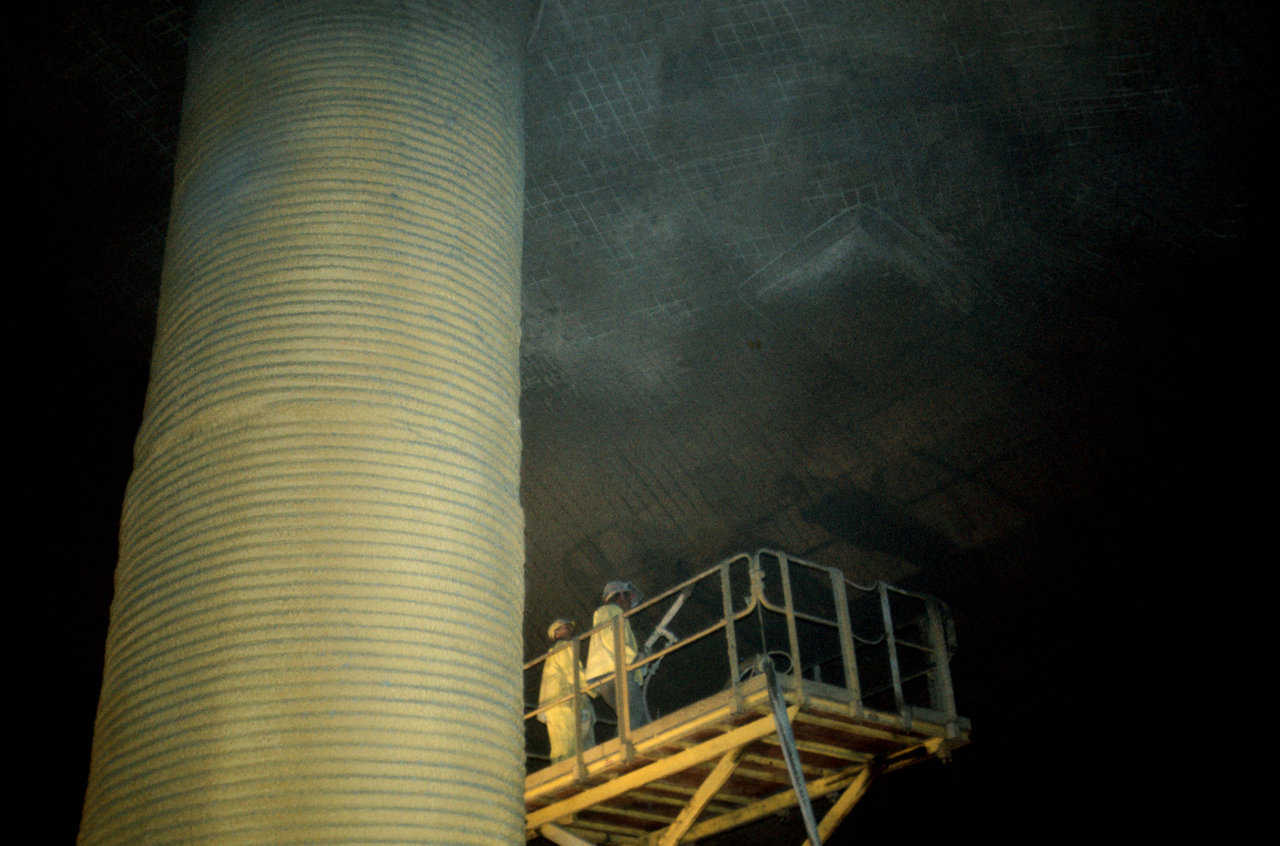 Applying shotcrete to the second dome ever constructed using Monolithic’s patented construction process in Manchester, Michigan—1976.