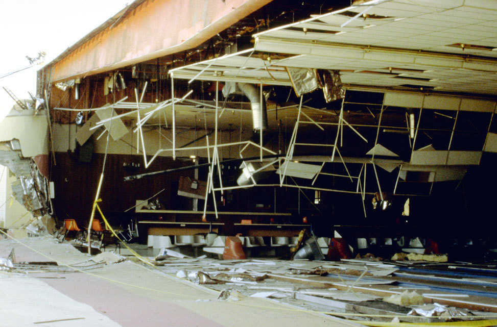 Earthquake damage to a bowling alley in Yucca Valley, Southern California. The damage was done on June 28 during the 1992 Landers earthquake.