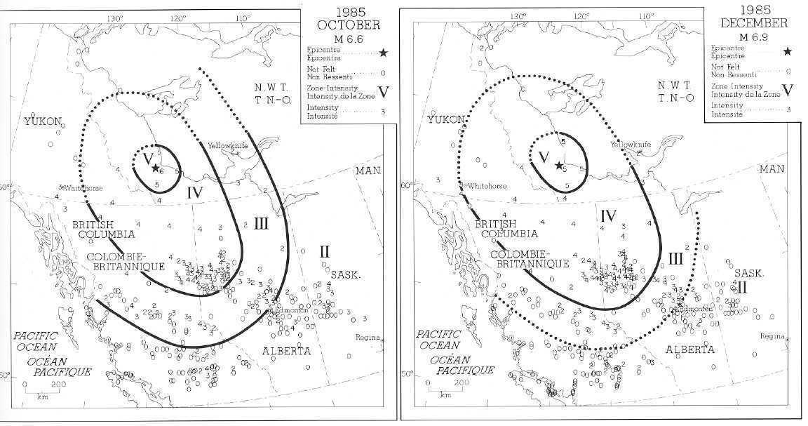 The 1985 Nahanni Earthquakes:  Modified Mercalli Intensity Scale Areas where the two main shocks were felt. Strength of ground shaking is rated according to the Modified Mercalli Intensity Scale: I for barely noticeable to XII for complete destruction.