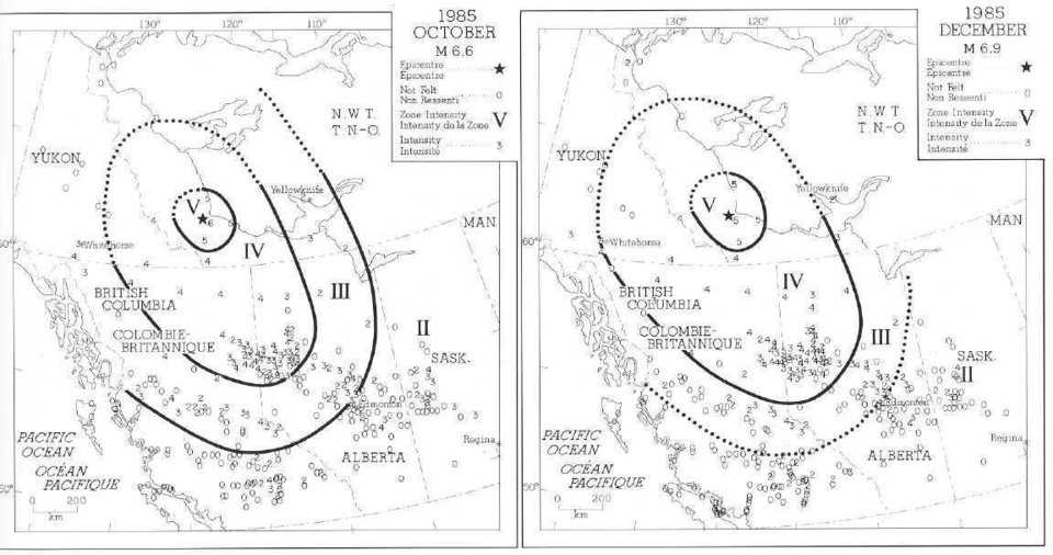 The 1985 Nahanni Earthquakes: Modified Mercalli Intensity Scale Areas where the two main shocks were felt. Strength of ground shaking is rated according to the Modified Mercalli Intensity Scale: I for barely noticeable to XII for complete destruction.
