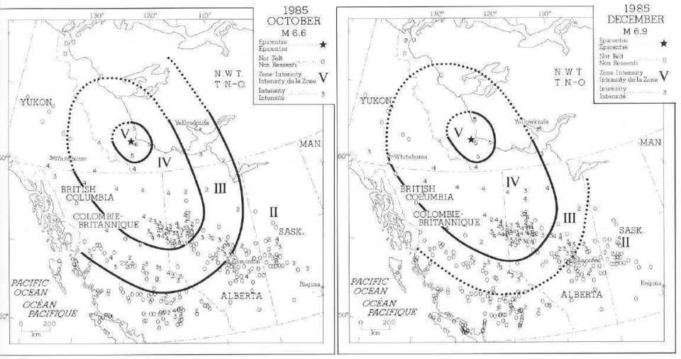 The 1985 Nahanni Earthquakes:  Modified Mercalli Intensity Scale Areas where the two main shocks were felt. Strength of ground shaking is rated according to the Modified Mercalli Intensity Scale: I for barely noticeable to XII for complete destruction.