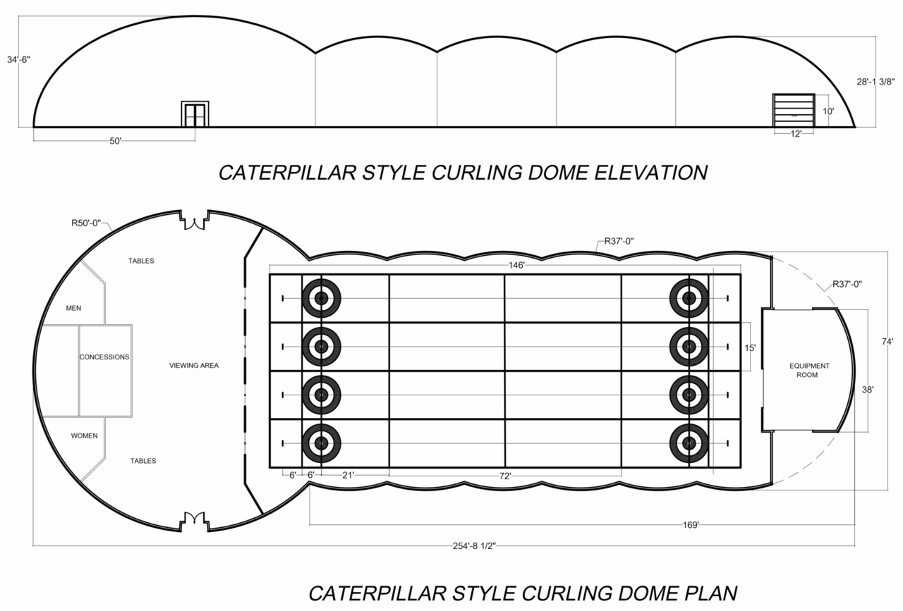 Four sheet curling dome uses long caterpillar for the ice sheets and a larger end dome for the warm areas — includes restrooms, viewing area, concessions.