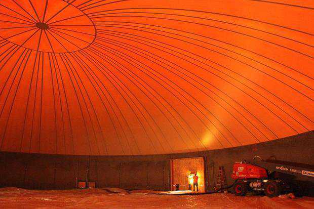 Newly inflated Airform membrane of the gymnasium at Wasuma Elementary School in Auwahnee, California.