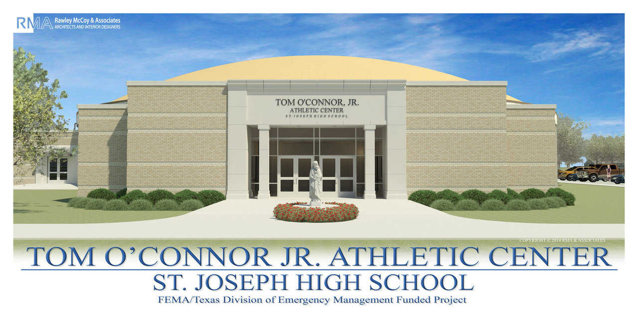 Rendering of nearly complete safe-room / gymnasium for St. Joseph High School in Victoria, Texas.