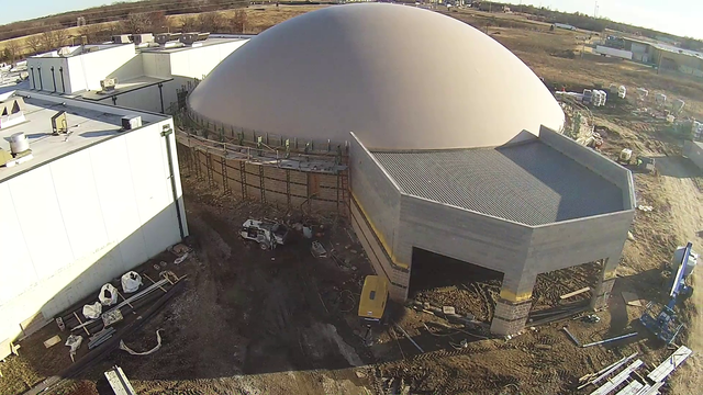 Screen capture from aerial video of new Monolithic Dome FEMA safe room under construction.