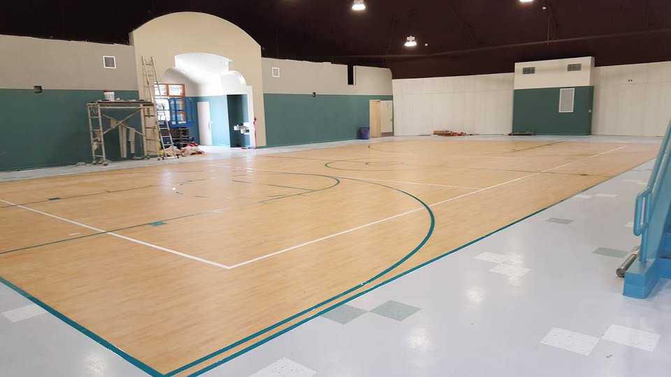 The gymnasium floor inside the dome