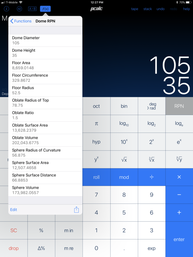 Dome results from PCalc Pro for the iPad. Supports both algebraic or RPN modes.