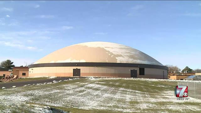 Light snow coats exterior of Spencer Multipurpose Center dome in Spencer, Wisconsin.