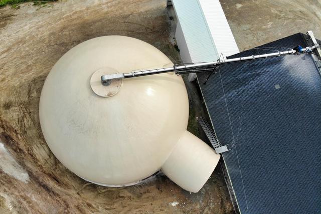 An aerial view of O’Toole, Inc.‘s 60-foot diameter fertilizer storage dome in Letts, Iowa.